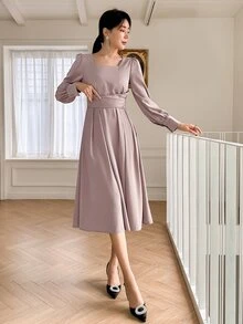 DAZY Square Neck Ruched Tie Back Dress - Purple - View 3