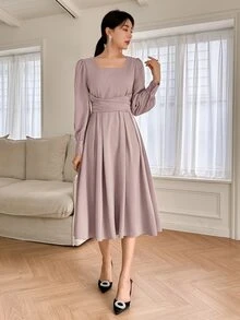 DAZY Square Neck Ruched Tie Back Dress - Purple - View 4