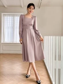 DAZY Square Neck Ruched Tie Back Dress - Purple - View 5