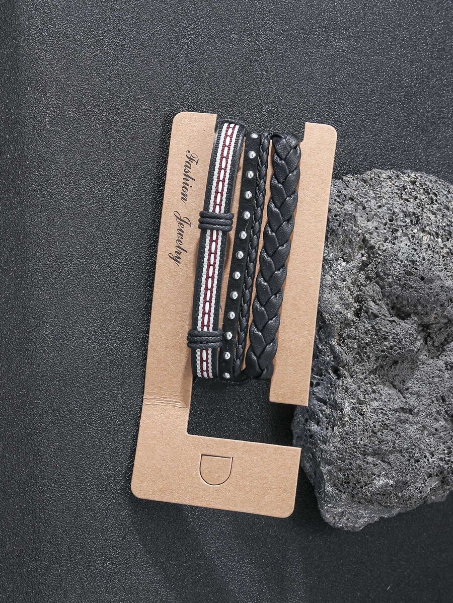 3入組/套時尚鉚釘裝飾編織手鏈適合男士日常裝飾 - 黑色 - 查看 1