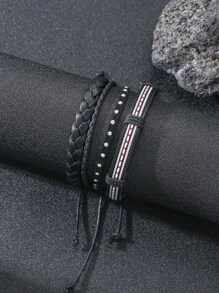 3入組/套時尚鉚釘裝飾編織手鏈適合男士日常裝飾 - 黑色 - 查看 2