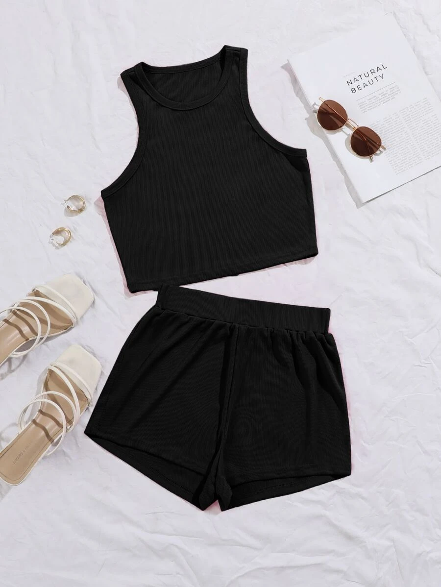 SHEIN EZwear Solid Tank Top & Shorts - Black - View 1