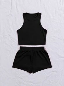 SHEIN EZwear Solid Tank Top & Shorts - Black - View 2