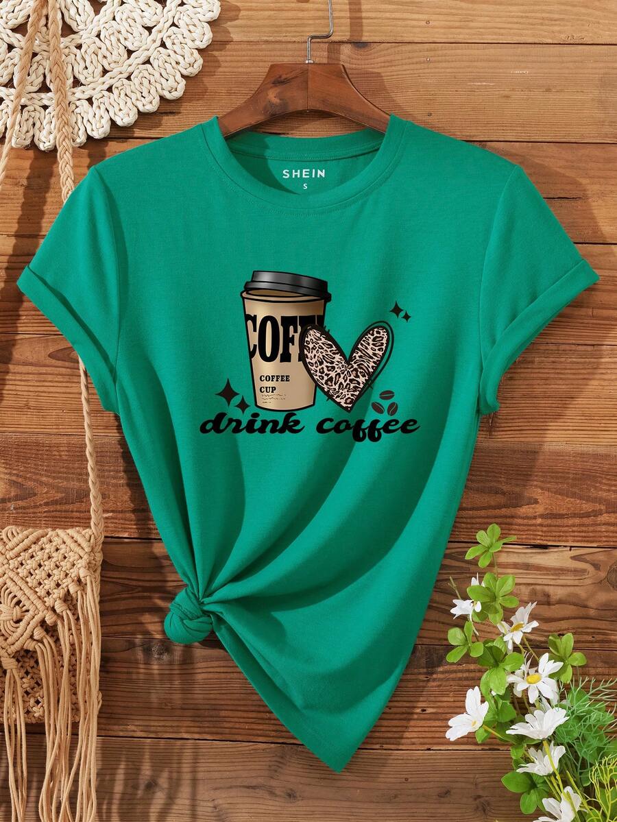 SHEIN LUNE Heart And Letter Graphic Tee - Green - View 1