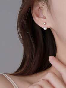 人造珍珠裝飾耳釘 - 銀色 - 查看 2