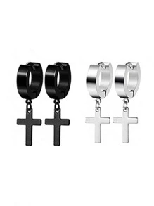 Fashionable And Popular 2pairs/set Men Cross Drop Earrings Stainless Steel Punk Hip Pop Style For Jewelry Gift And For A Stylish Look