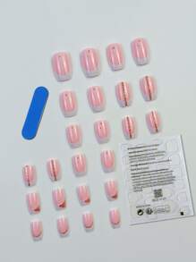使用 24 片短方形白色法式闪光假指甲、1 片胶带和 1 个指甲锉来提升您的外观，按压式指甲，美甲用品，美甲