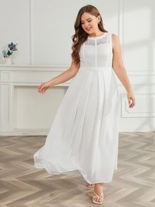 Vestido panel con encaje con fruncido - Blanco - Ver 3