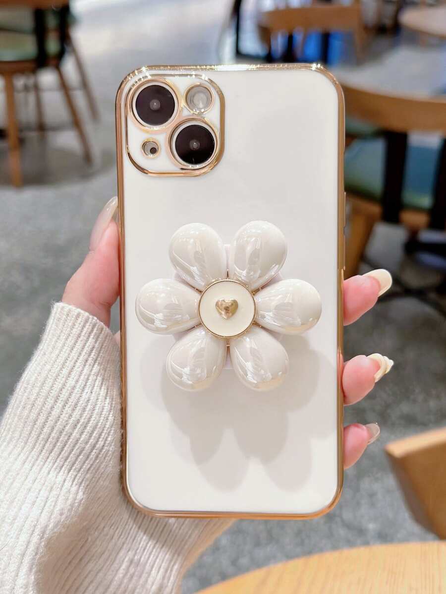 Viền thẳng Mạ điện Kim loại Hoa trà Hỗ trợ cổ điển Vỏ điện thoại di động - trắng - Xem 1