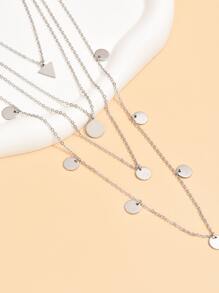1pc Disc Decor Layered Chain Necklace, Stainless Steel Jewelry - Silver - View 3