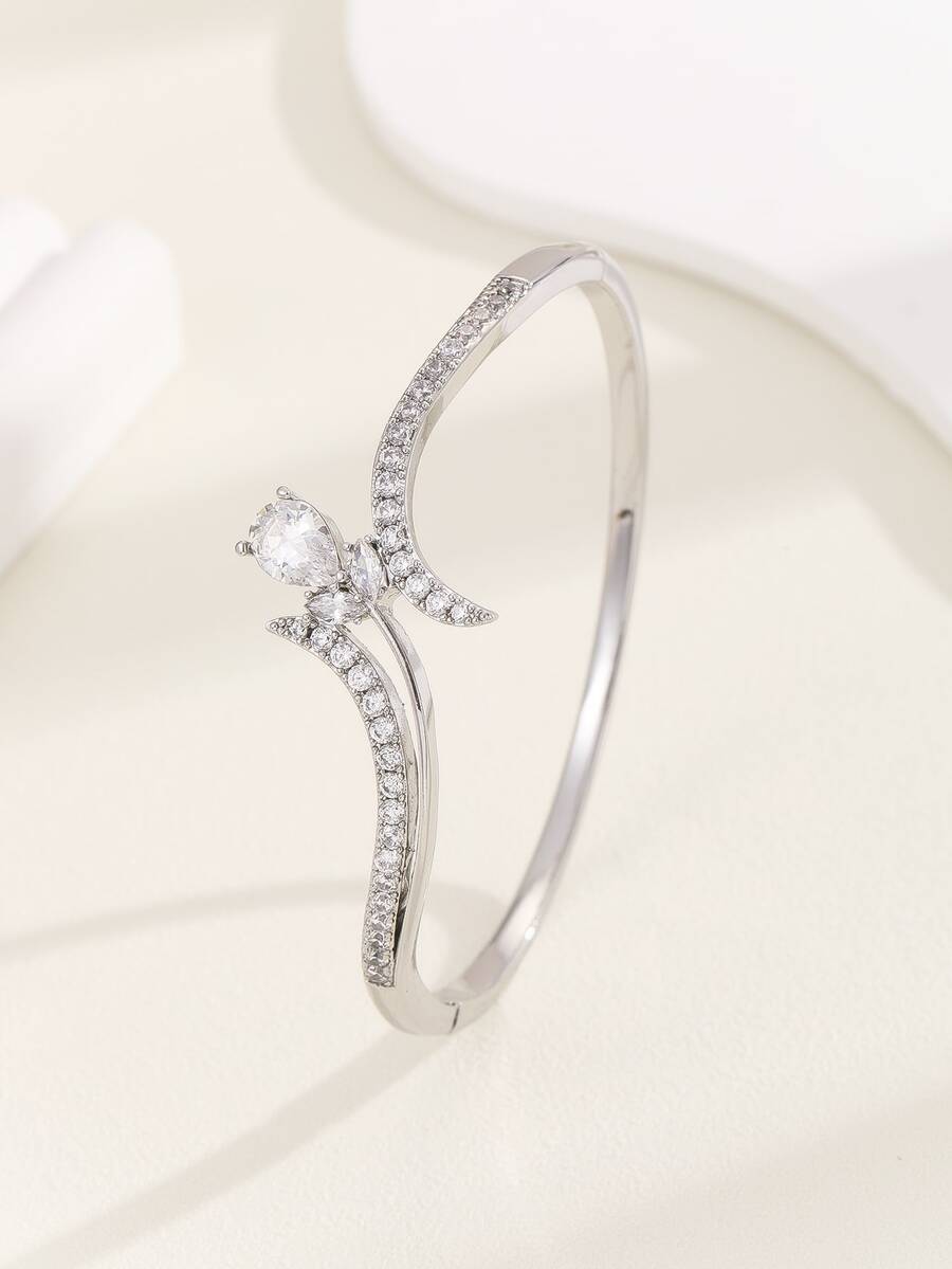 1 chiếc vòng tay bạc hình hoa đính đá Zirconia, quà tặng cho phụ nữ. - Bạc - Xem 1