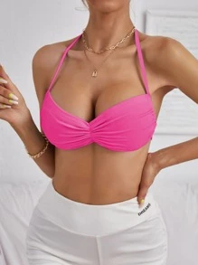 SHEIN SXY Ruched Bust Tie Backless Halter Top - Hot Pink - View 1