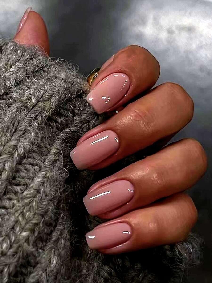 用24入組短方形裸色素色光澤假指甲和1張膠帶和1入組指甲銼升級您造型 - 彩色 - 查看 1