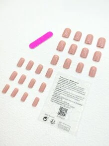 用24入組短方形裸色素色光澤假指甲和1張膠帶和1入組指甲銼升級您造型 - 彩色 - 查看 2