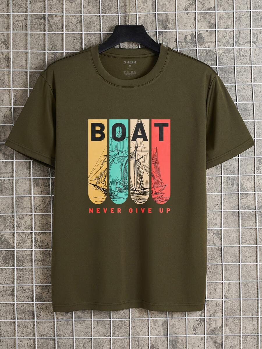 Men Slogan Graphic Tee - Army Green - View 1
