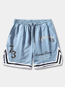 ROMWE MEN Prep Men Slogan Graphic Contrast Trim Drawstring Waist Basketball Shorts, School