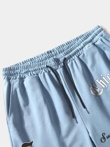 ROMWE MEN Prep Men Slogan Graphic Contrast Trim Drawstring Waist Basketball Shorts, School