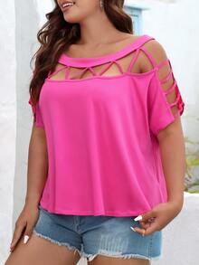 SHEIN VCAY Plus Cut Out Batwing Sleeve Tee - Hot Pink - View 4