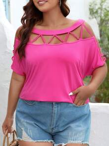 SHEIN VCAY Plus Cut Out Batwing Sleeve Tee - Hot Pink - View 5
