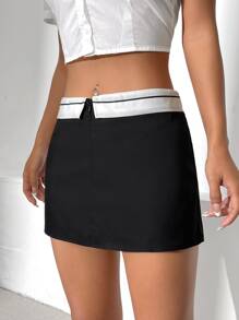 SHEIN EZwear 腰帶拼接邊拉鏈門襟裙裤 - 黑色 - 查看 3