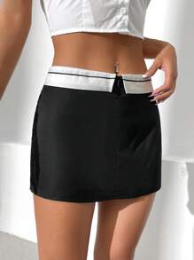 SHEIN EZwear 腰帶拼接邊拉鏈門襟裙裤 - 黑色 - 查看 4