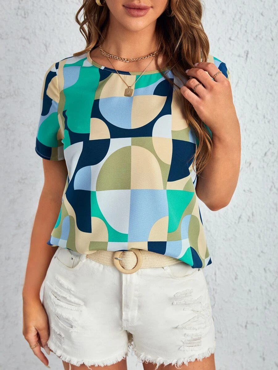 EMERY ROSE Blusa con estampado geométrico de cuello redondo - Multicolor - Ver 1