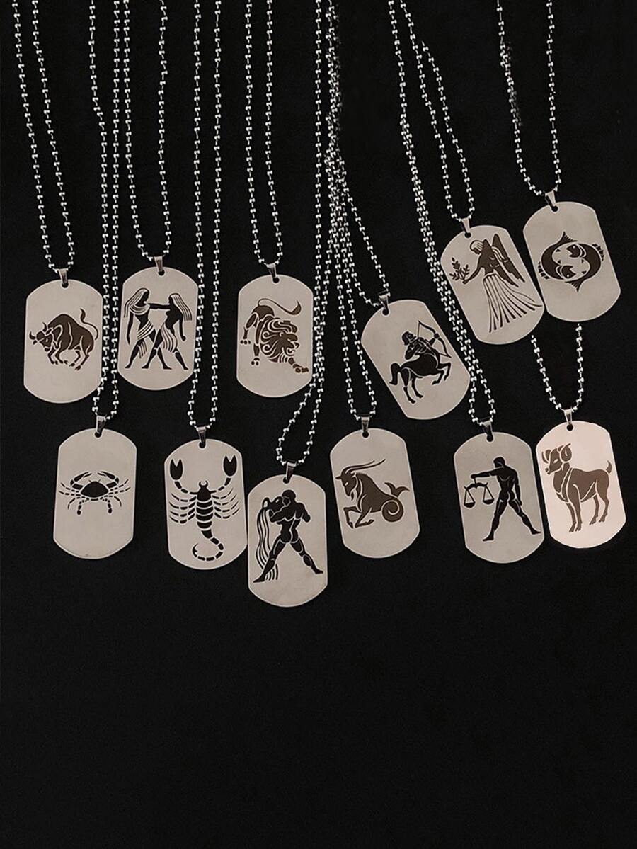 1入組時尚不銹鋼星座圖案幾何吊墜項鍊適合男士日常裝飾 - 銀色 - 查看 1