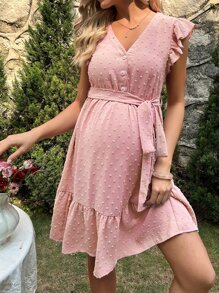 SHEIN Maternity Swiss Dot Ruffle Trim Belted Dress - Dusty Pink - View 1