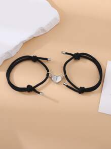 2入組女士磁吸米蘭式情侶愛心手鍊 - 黑色 - 查看 2