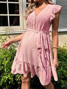 SHEIN Maternity Swiss Dot Ruffle Trim Belted Dress - Dusty Pink - View 3