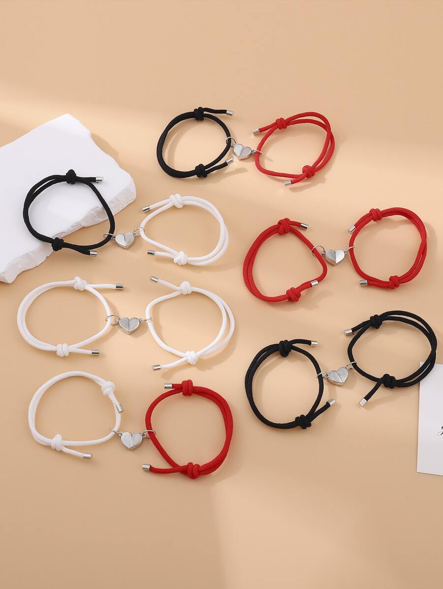 2入組女士磁吸米蘭式情侶愛心手鍊 - 黑色 - 查看 1