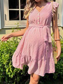 SHEIN Maternity Swiss Dot Ruffle Trim Belted Dress - Dusty Pink - View 4