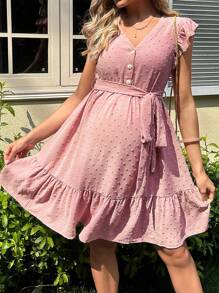 SHEIN Maternity Swiss Dot Ruffle Trim Belted Dress - Dusty Pink - View 5