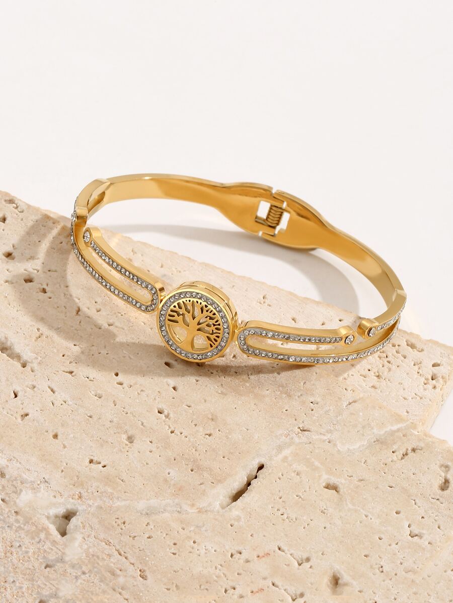 1入組時尚不銹鋼水鑽裝飾手鐲適用於女士日常裝飾 - 金黃色 - 查看 1