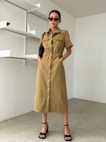 DAZY 翻蓋口袋前紐扣襯衫牛仔裙 - 卡其色 - 查看 1