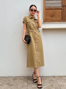 DAZY 翻蓋口袋前紐扣襯衫牛仔裙 - 卡其色 - 查看 2