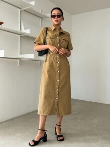 DAZY 翻蓋口袋前紐扣襯衫牛仔裙 - 卡其色 - 查看 4