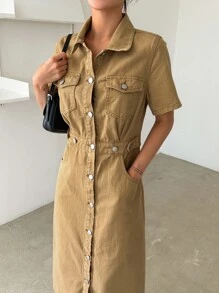 DAZY 翻蓋口袋前紐扣襯衫牛仔裙 - 卡其色 - 查看 6