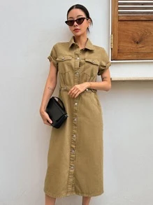 DAZY 翻蓋口袋前紐扣襯衫牛仔裙 - 卡其色 - 查看 8