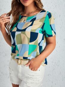 EMERY ROSE Blusa con estampado geométrico de cuello redondo - Multicolor - Ver 4