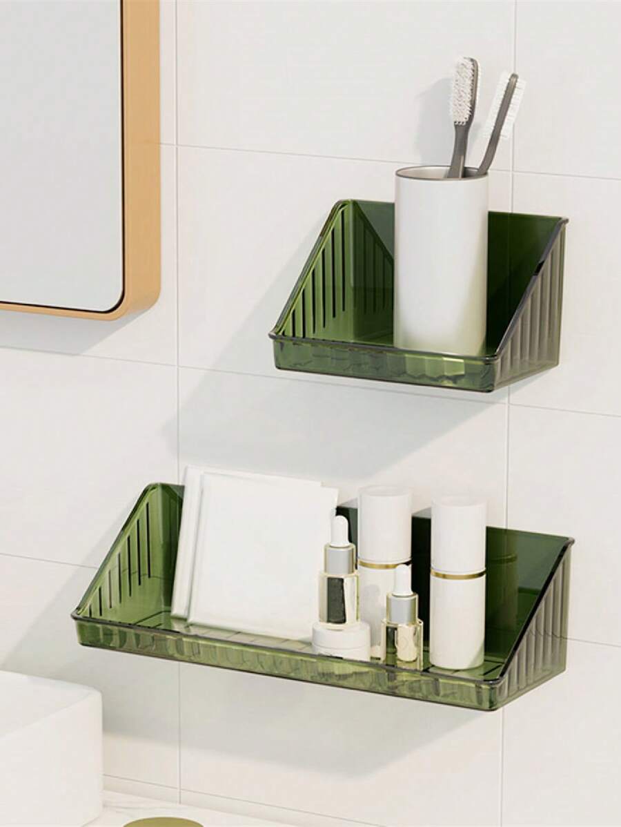 1pc Plastic Bathroom Storage Rack, Simple Green Punch-free Wall Mounted Shelving Storage Unit For Bathroom Laundry - Dark Green - View 1