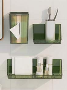 1pc Plastic Bathroom Storage Rack, Simple Green Punch-free Wall Mounted Shelving Storage Unit For Bathroom Laundry - Dark Green - View 5