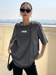 DAZY Letter Graphic Seam Detail Drop Shoulder Tee Jersey Oversized T-Shirt - Dark Grey - View 1