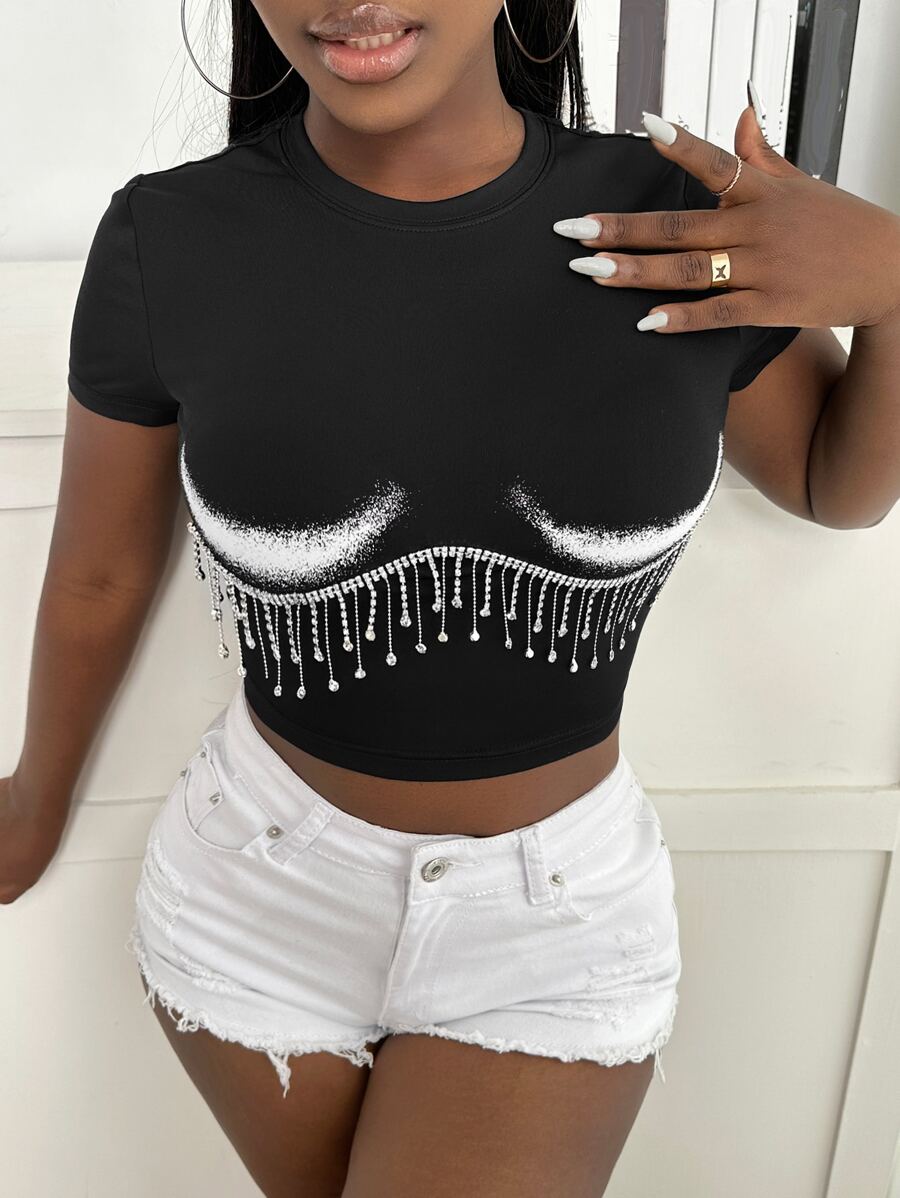 SHEIN Body Heat Map Print Rhinestone Fringe Trim Crop Tee - Black - View 1