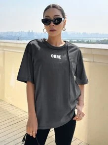 DAZY Letter Graphic Seam Detail Drop Shoulder Tee Jersey Oversized T-Shirt - Dark Grey - View 3