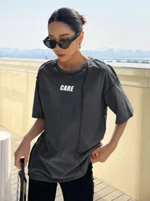 DAZY Letter Graphic Seam Detail Drop Shoulder Tee Jersey Oversized T-Shirt - Dark Grey - View 4