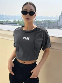 DAZY Letter Graphic Seam Detail Drop Shoulder Tee Jersey Oversized T-Shirt - Dark Grey - View 5