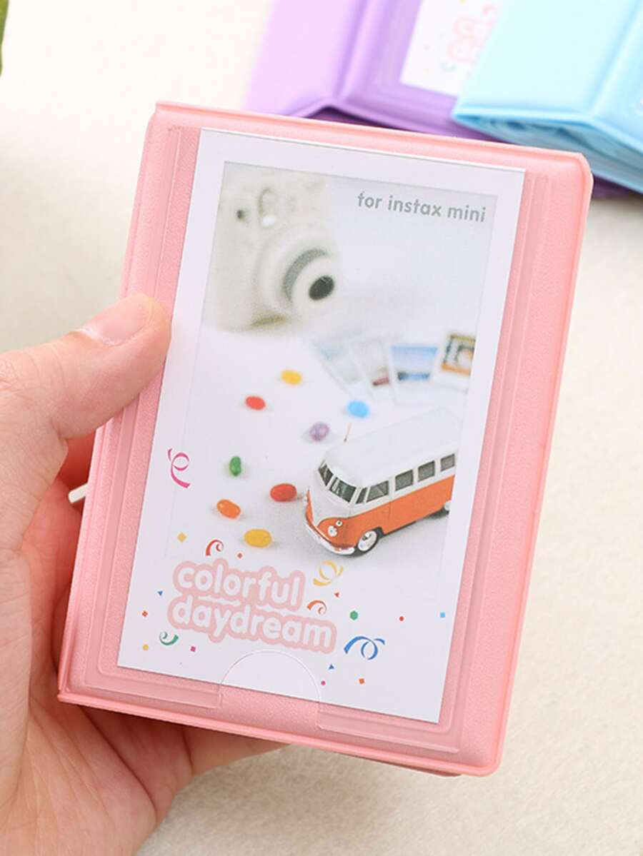 1pc Car & Letter Graphic Mini Photo Album, Simple Portable Photo Card Case For Photo, Card Storage - Pink - View 1