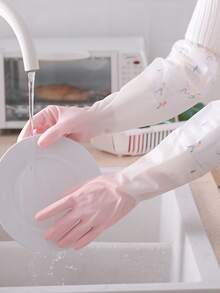 2pcs/set PVC Household Glove, Modernist Figure Graphic Waterproof Dishwashing Glove For Home - Pink - View 3