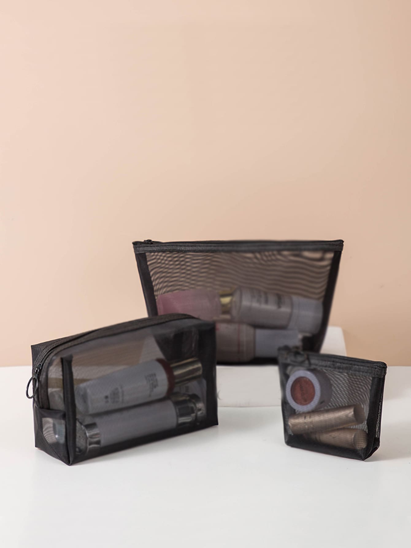 QYeah 1pc Solid Makeup Mesh Storage Bag, Minimalist Polyamide Storage Bag For Home - Black - View 1